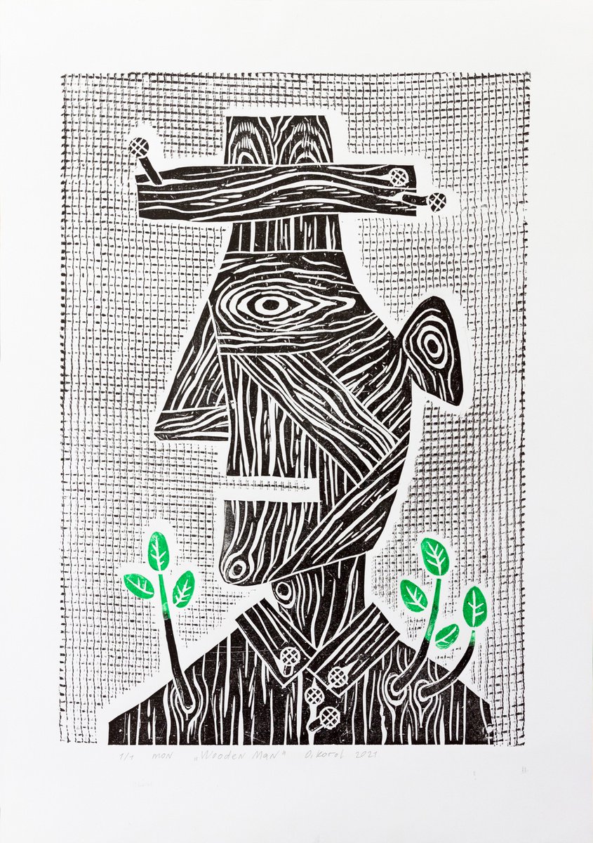 Expressive Portrait Limited Edition Print By Oleksandr Korol, 17 X 24", Wooden Man, Original Artwork