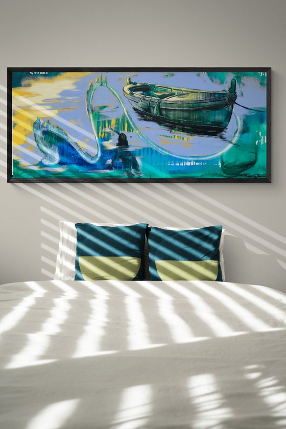 Big painting - "Swimming girl" - Pop Art - Lake - Boat - Bright seascape - Girl in water