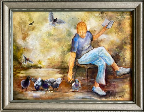 Feeding Pigeons at the Park Original Oil Painting Framed by Mary Gullette