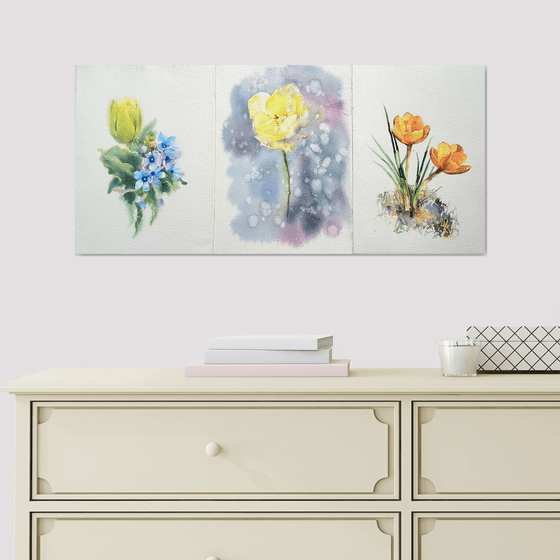 Triptych yellow flowers