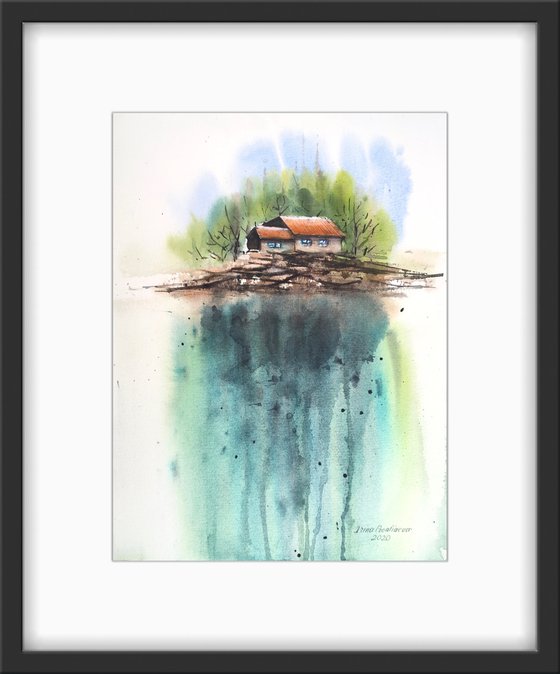 Privacy, original watercolor painting with forest and farmhouse near the lake, medium size, turquoise, gift idea