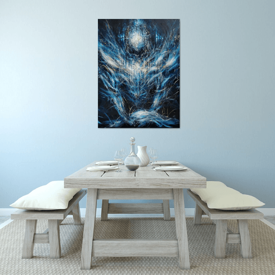 Large XXL enigmatic metaphysical dark blue abstract angel composition by master KLOSKA