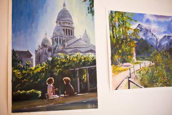 Picnic in Paris. Parisians series. Cityscape with two girls talking in Montmartre Park. Original oil painting. Contrast bright city urban landscape view sun light.