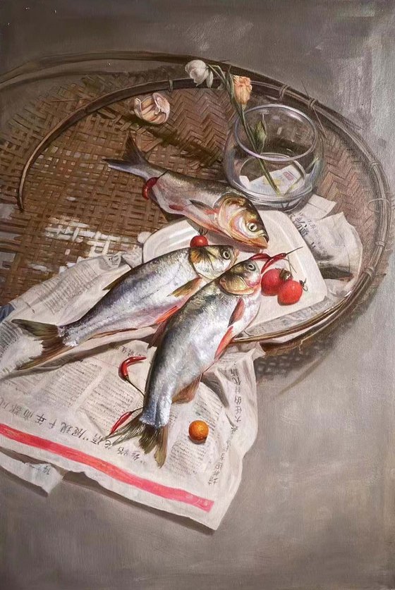 Still life painting:Fish with newspaper in the wicker basket c158