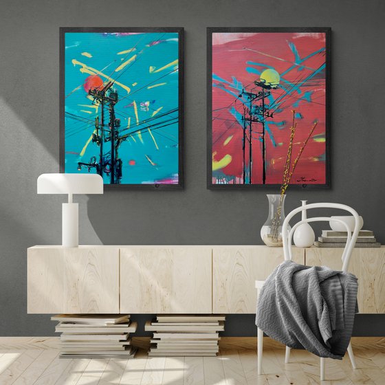 Big diptych - "Red and Blue" - Pop art - Bright - Street art - Sunset - Diptych - Big painting