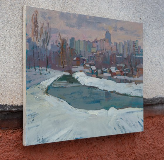 Winter panorama of Chernihiv with Stryzhen River