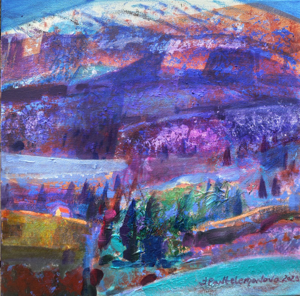 Impressionistic Landscape Acrylic Painting By Inna Pantelemonova, 16 X 16, Twilight,Changing Space, Original Artwork