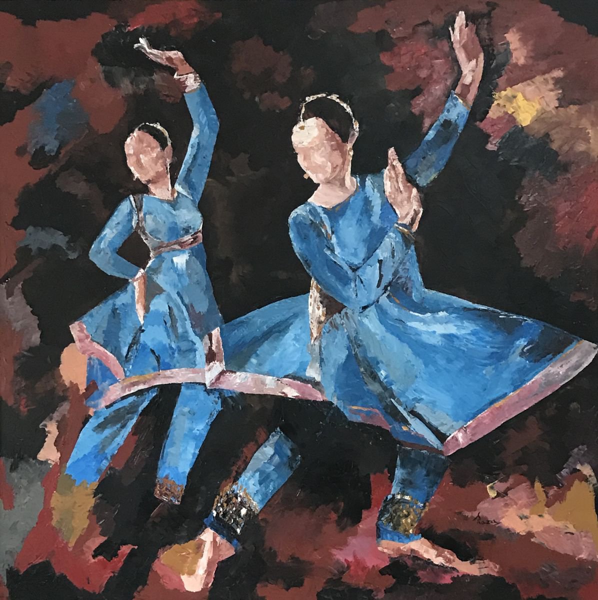 Expressive Oil Painting , Dancers In Blue By Shazia Mufti, 39 X 39, Artwork For Sale On Artfinder