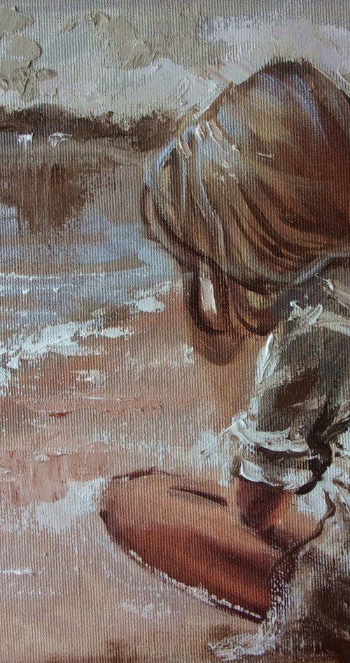 " JUST THINKING ... " SUN SKY SEA SAND liGHt  ORIGINAL OIL PAINTING, GIFT, PALETTE KNIFE by Monika Luniak