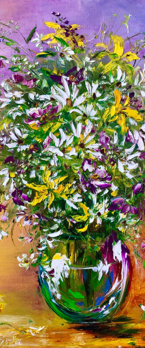 SUMMER FIREWORKS - Amazing bouquet. Bright flowers. wild lilies. Summer bouquet. Floral still life. Yellow. Vase. by Marina Skromova