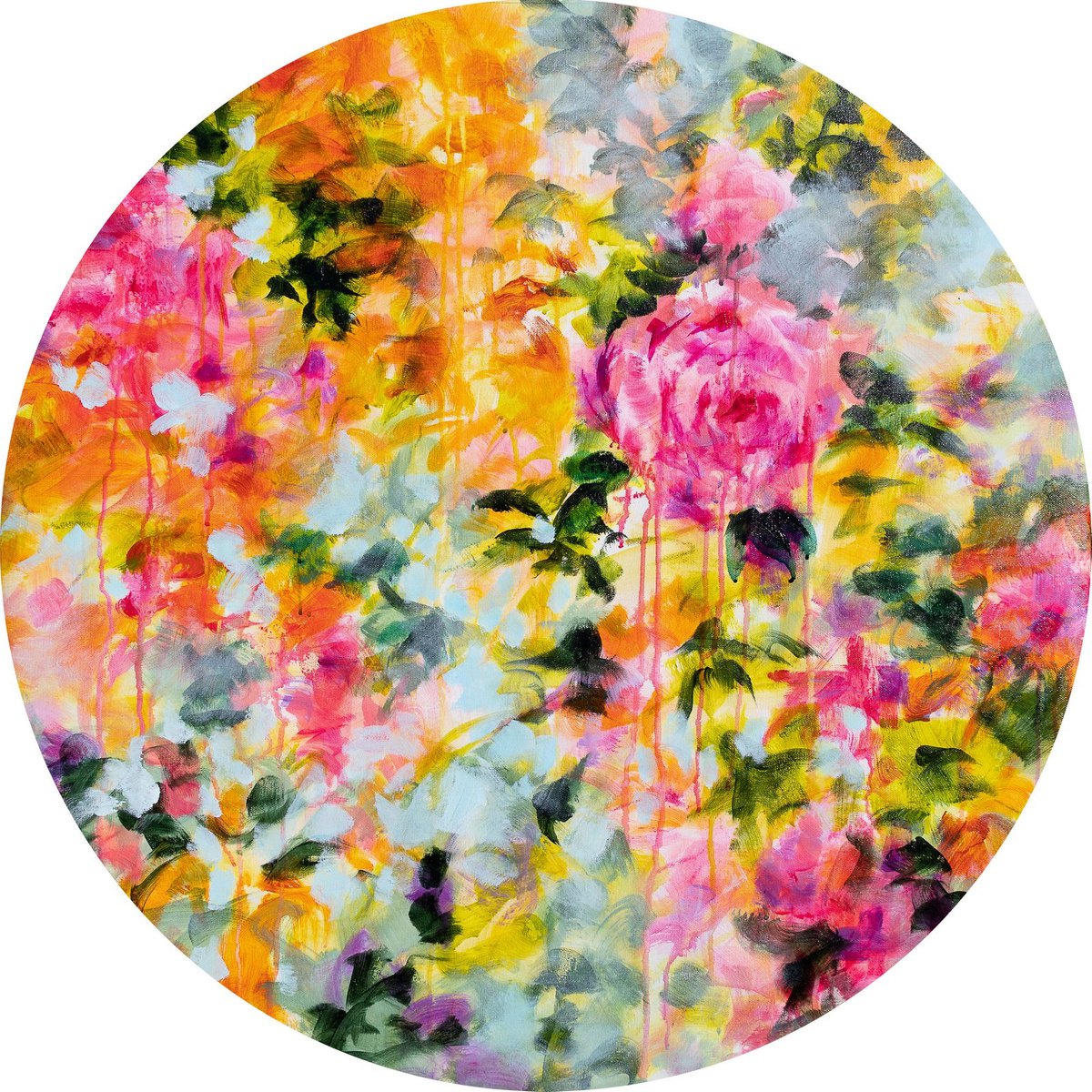 Psychedelic blue, pink, orange and yellow flowers tondo - Circular canvas by Fabienne Monestier