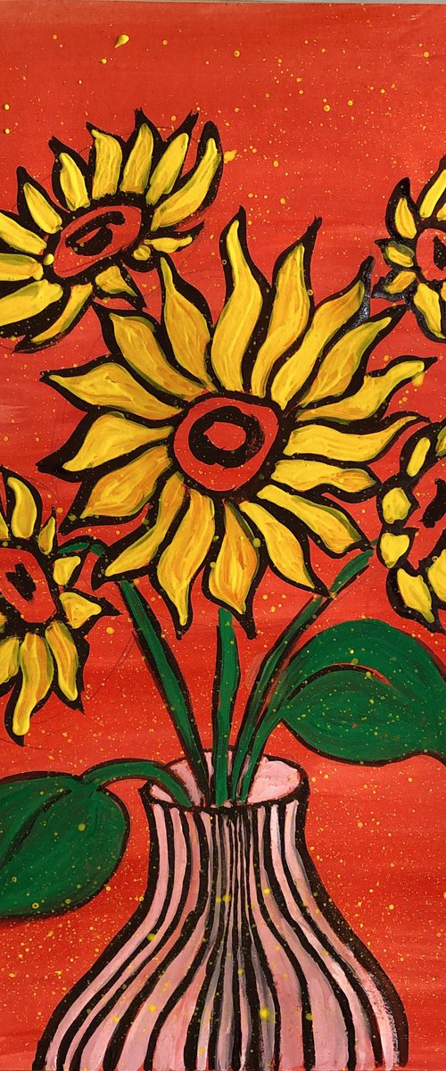 Sunflowers in vase on Red by Ihnatova Tetiana