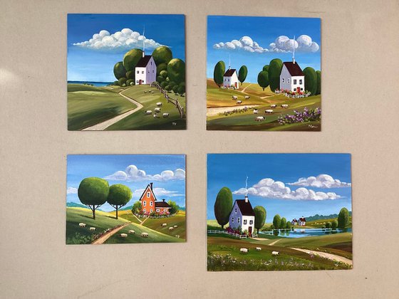 Naive Rural Landscape Acrylic Painting Original Art 6 x 8