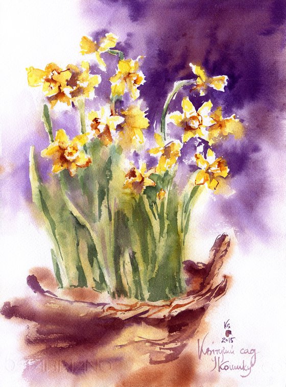 "Flowering garden in a basket" - spring flowers daffodils on a contrasting background bright watercolor original artwork