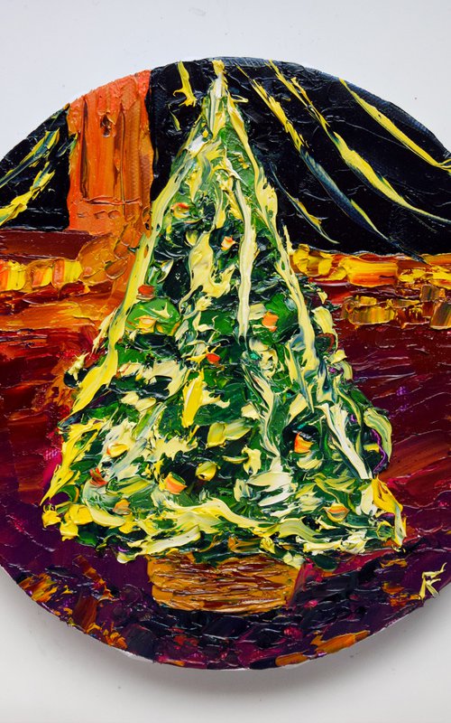 Christmas tree original oil painting on canvas, small round artwork, holiday decor, Christmas gift by Kate Grishakova