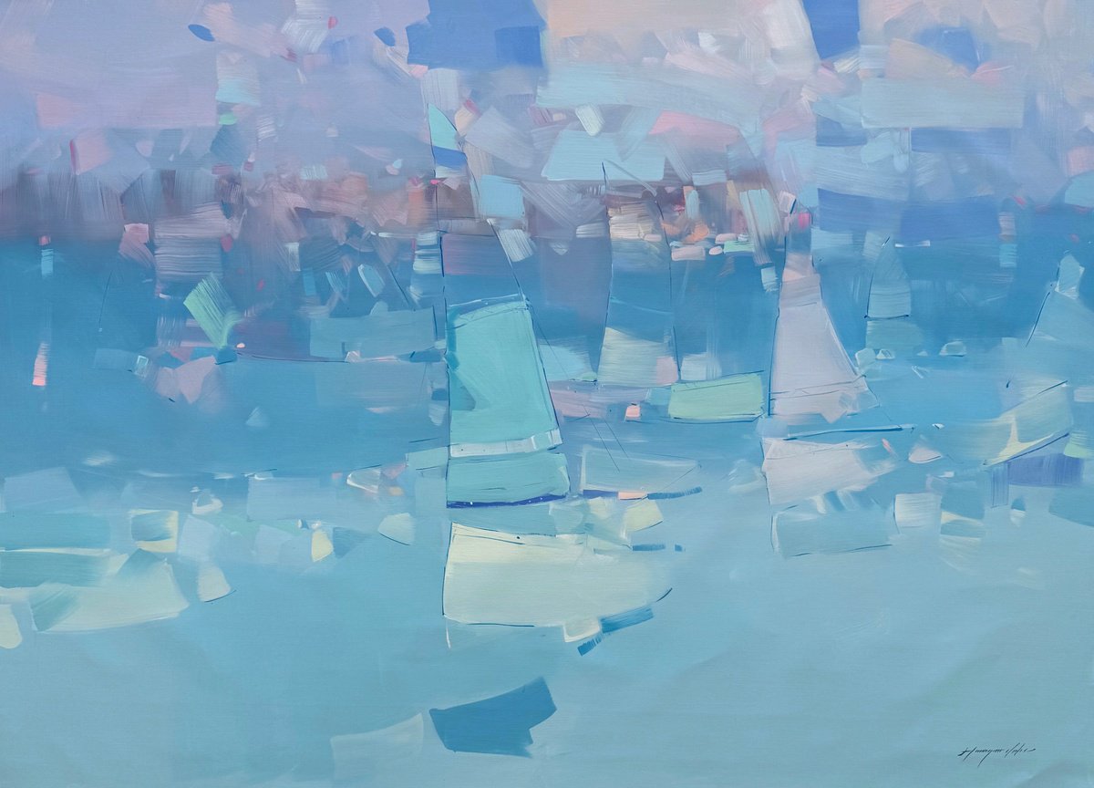 Abstract Landscape Oil Painting By Vahe Yeremyan, 63 X 44", Sail Boats, Original Artwork