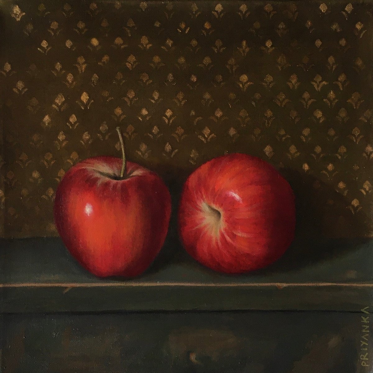 Photorealistic Still Life Oil Painting By Priyanka Singh, 10 X 10", Two Apples, Original Artwork