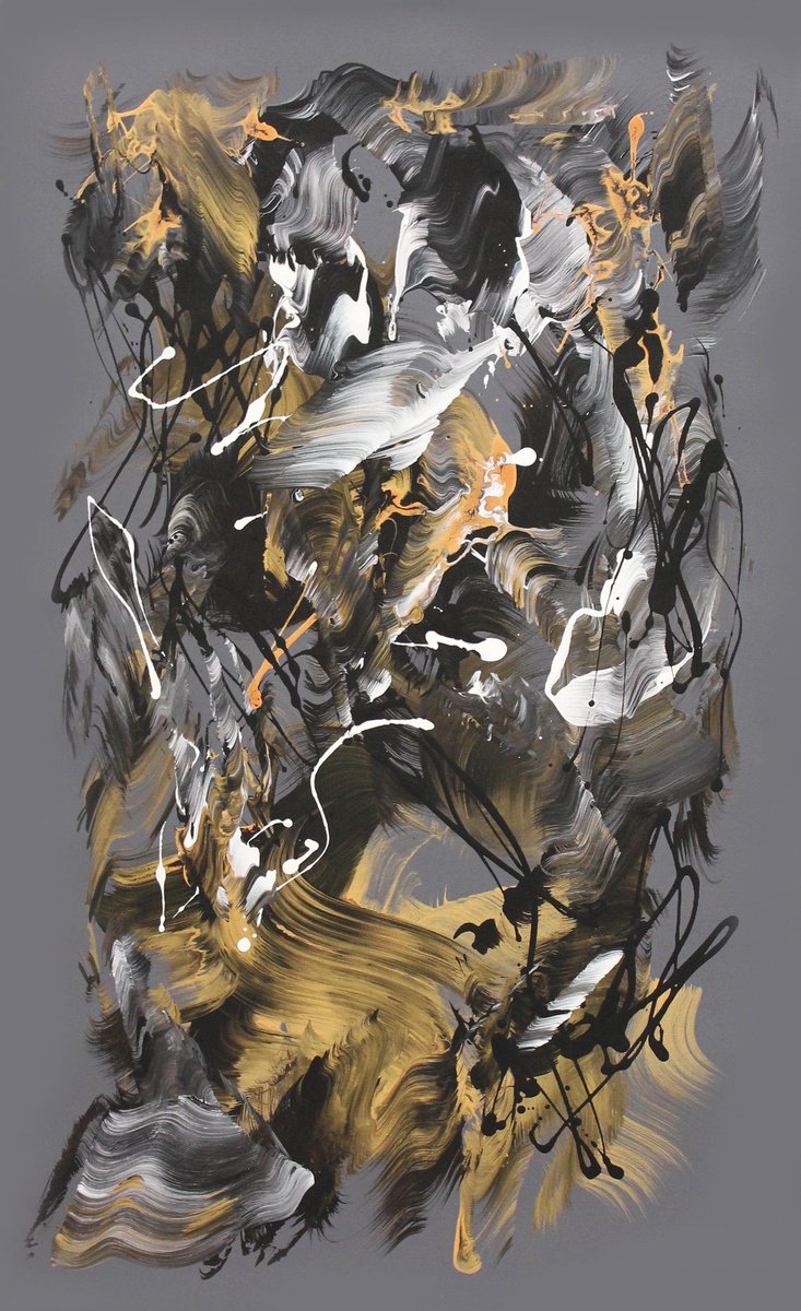 Expressive Abstract Acrylic Painting By Paresh Nrshinga Frsa, 22 X 36", Golden Whispers I, Original Artwork