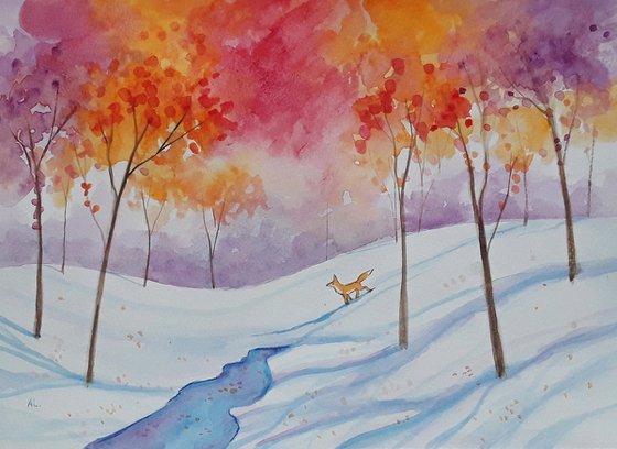 Fox in the winter wood - Autumn colours - Snow Scene