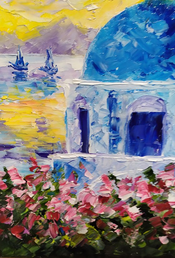 Santorini, original Greece oil painting, small gift, bedroom painting