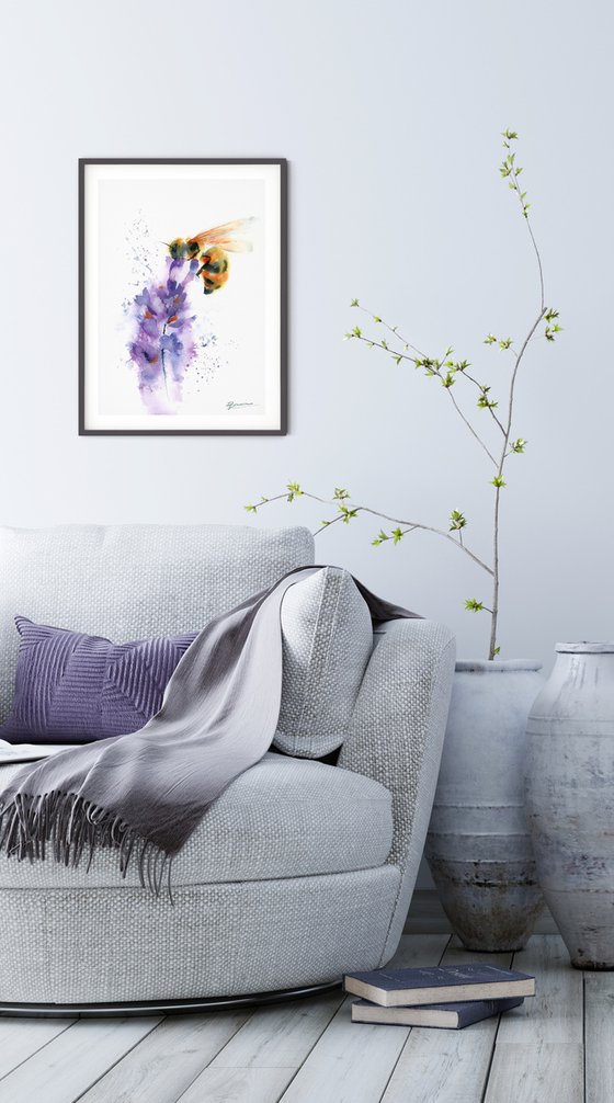 Bee on Lavender  - Original Watercolor Painting