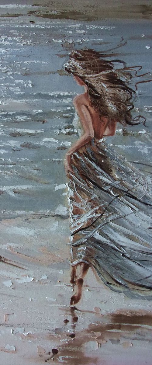 " QUEEN OF THE WIND ... "- SKY SEA SAND liGHt  ORIGINAL OIL PAINTING, GIFT, PALETTE KNIFE by Monika Luniak