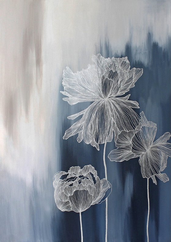 "Thinness 4" Abstract navy silver flowers art