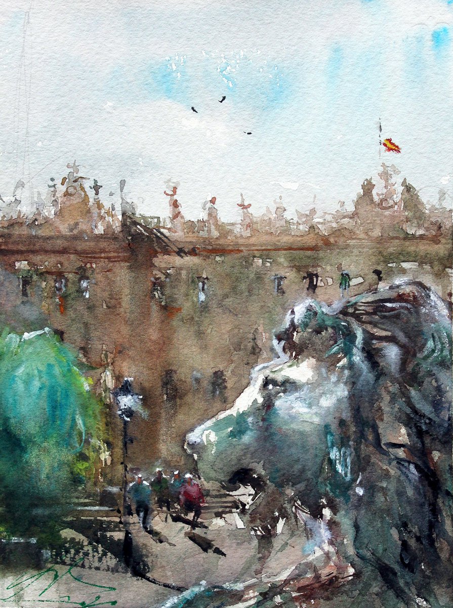 Impressionistic Cityscapes Watercolour By Maximo Damico, 7 X 9", Madrid Palacio Real, Original Artwork