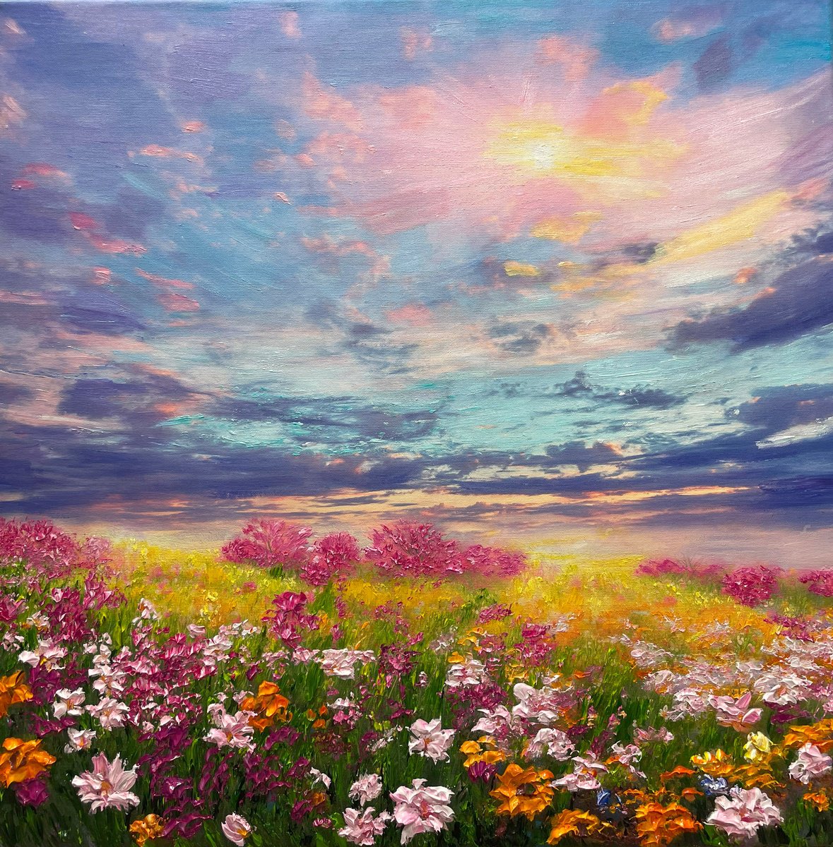 Impressionistic Landscape Oil Painting By Kenneth Halvorsen, 24 X 24", Delicate Blooms, Original Artwork