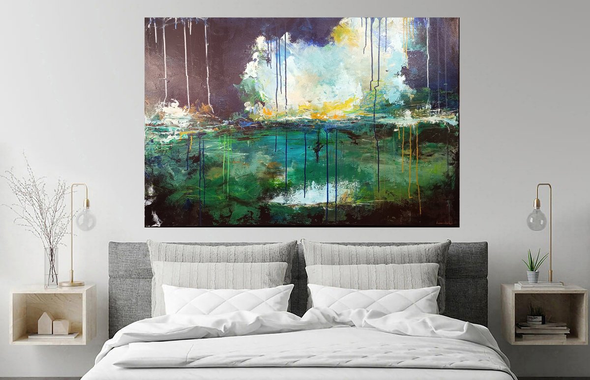 Expressive Landscape Acrylic Painting By Susan Wooler, 47 X 31", Evening Sunset, Original Artwork