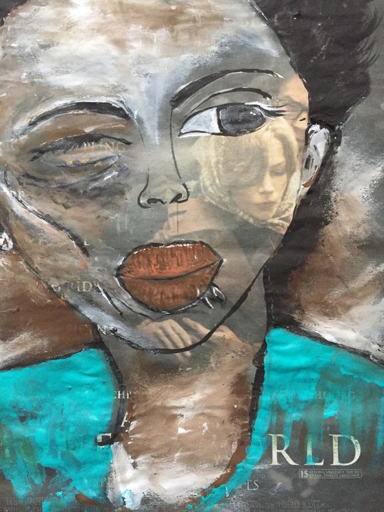 Hidden Faces Acrylic on Newspaper Face Art Woman of Colour Portrait 37x29cm Gift Ideas Original Art Modern Art Contemporary Painting Abstract Art For Sale Buy Original Art Free Shipping