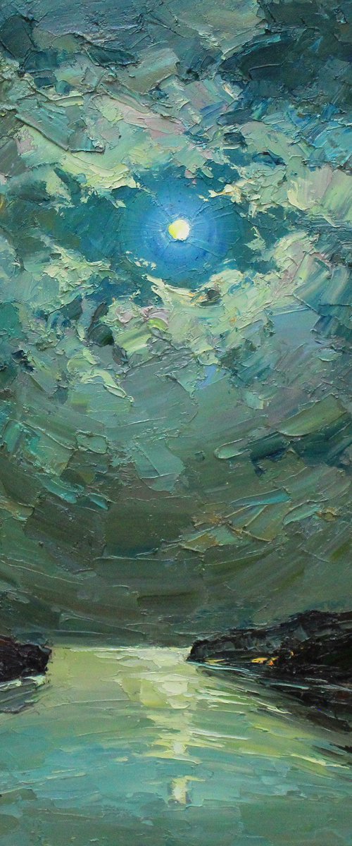 Night in the bay. Moon and clouds seascape by Alisa Onipchenko-Cherniakovska