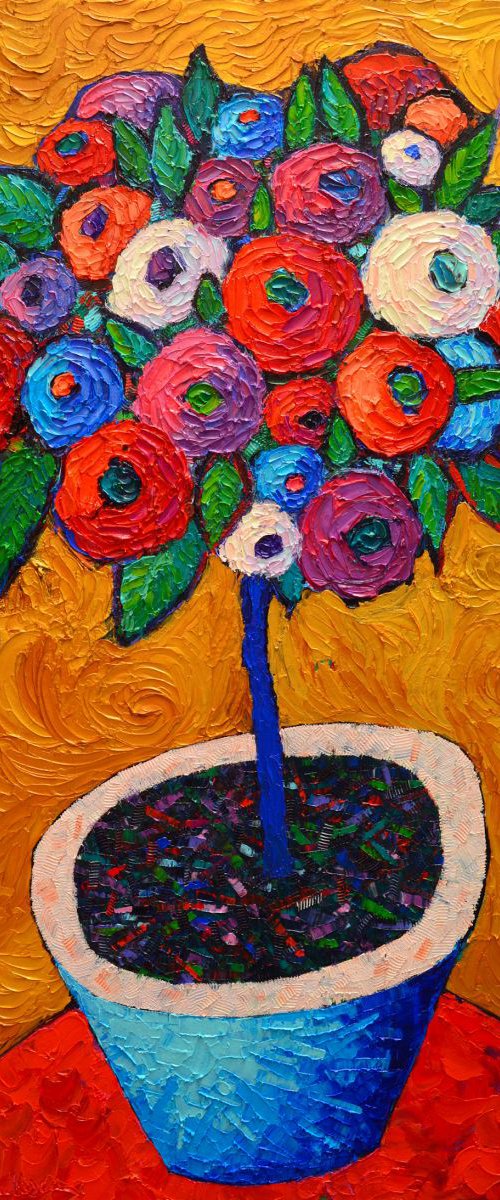 WILD ROSES TREE ON GOLD - abstract flowers modern impressionist contemporary floral art original palette knife oil painting by ANA MARIA EDULESCU