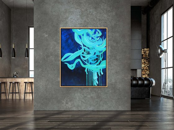 FREE FLOW. Teal, Navy, Blue Contemporary Abstract Seascape, Ocean Painting. Modern Textured Art