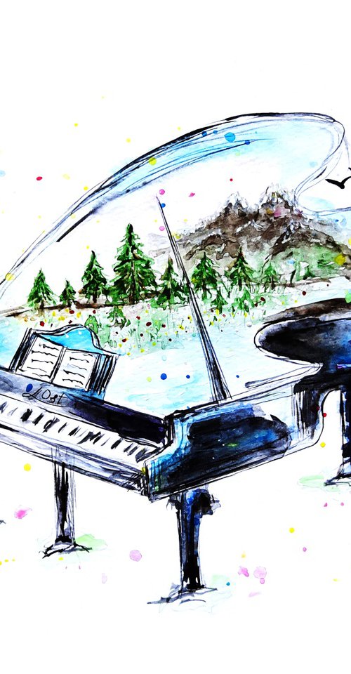 Piano with mountains by Luba Ostroushko
