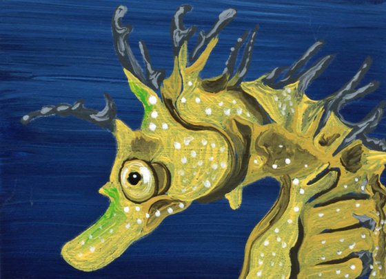 ACEO ATC Original Miniature Painting Yellow Seahorse Marine Fish Wildlife Art-Carla Smale