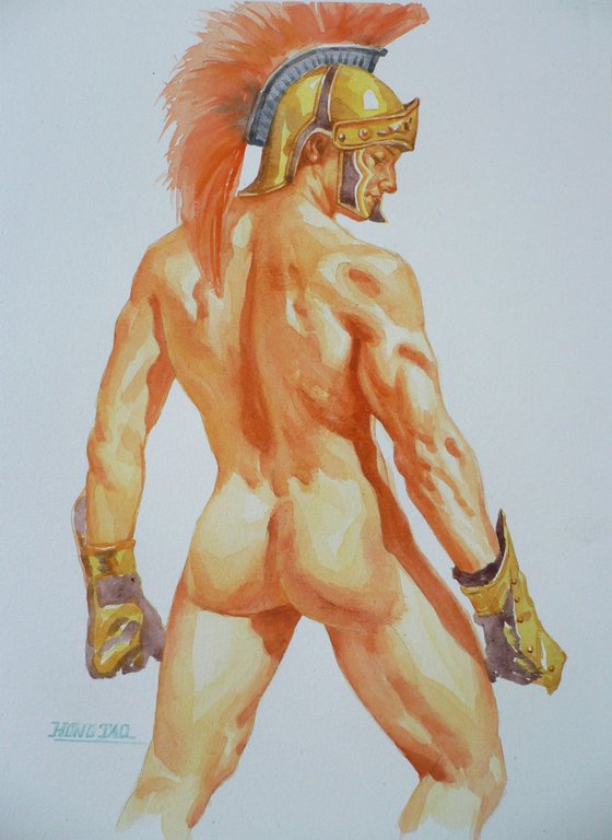 ORIGINAL CLASSICAL WATERCOLOR  PAINTING ART MALE NUDE GAY  MEN  ON PAPER#12-21-03