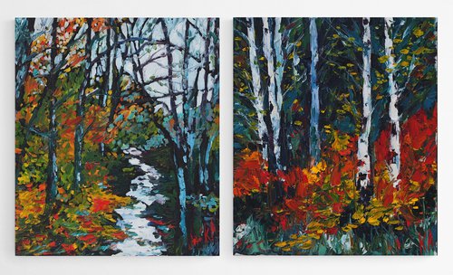 The Magic of Fall Colors - SET OF 2 PAINTINGS - impasto textured original oil diptych, fall stream landscape by Alfia Koral