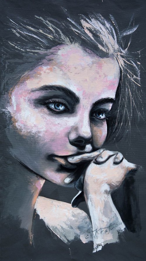 "Lyrical girl", original acrylic painting on hand stretched fabric, 45x75x2cm, ready to hang by Elena Kraft