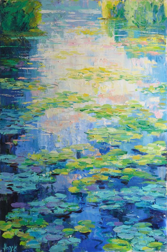 Abstract morning over the pond  80x120cm water lilies oil painting landscape