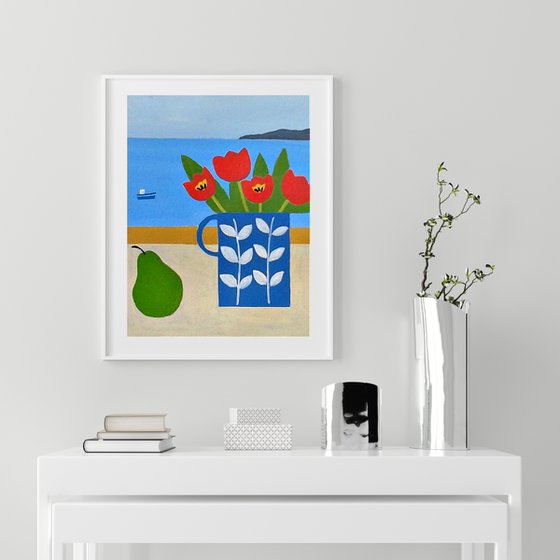 Four Red Tulips and a Pear