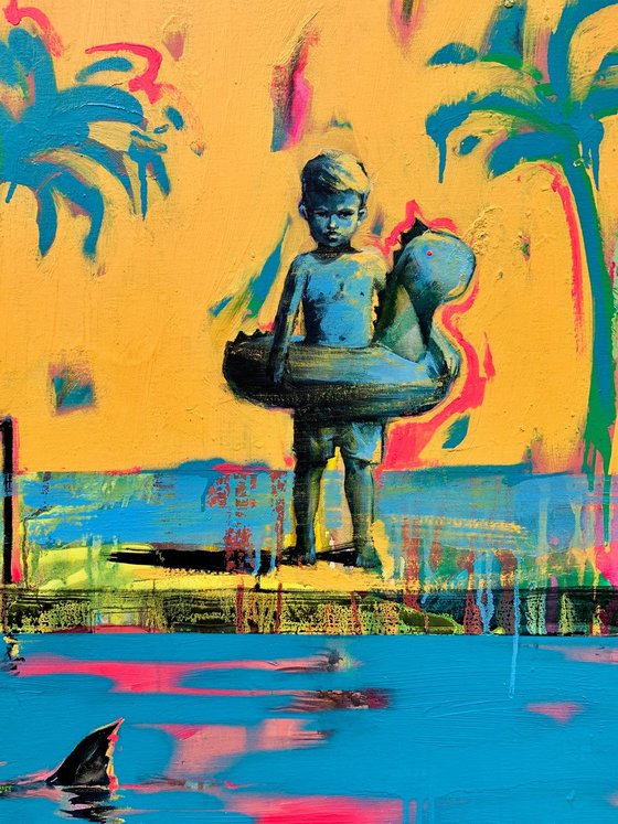 Bright summer painting - "Small swimmer and shark" - Pop Art - Pool - Palms - Landscape - California - Nature - Yellow&Blue