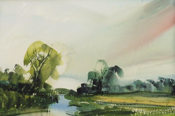 SUMMER MEADOW LANDSCAPE RIVER SEVERN, Worcs. Original Watercolour with mount (mat).