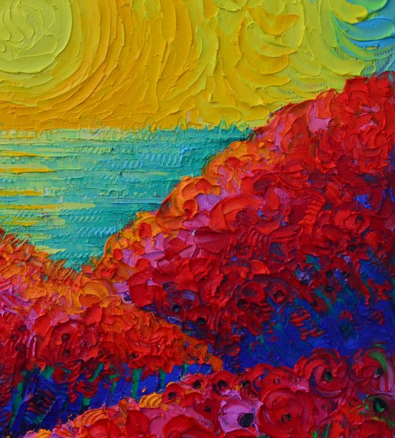 RED POPPIES BLOOMING PLANETS AT SUNRISE abstract landscape textural impressionist impasto palette knife oil painting by Ana Maria Edulescu