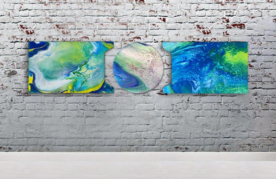 "Follow Me Into The Wormhole" - Original Triptych, Abstract PMS Acrylic Paintings Series on Irregularly Shaped Wooden Panels - 78" x 18"