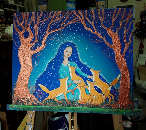 Night Goddess and the Foxes - Goddess Painting - Fox Art - Mystical Art - Pagan - Wiccan