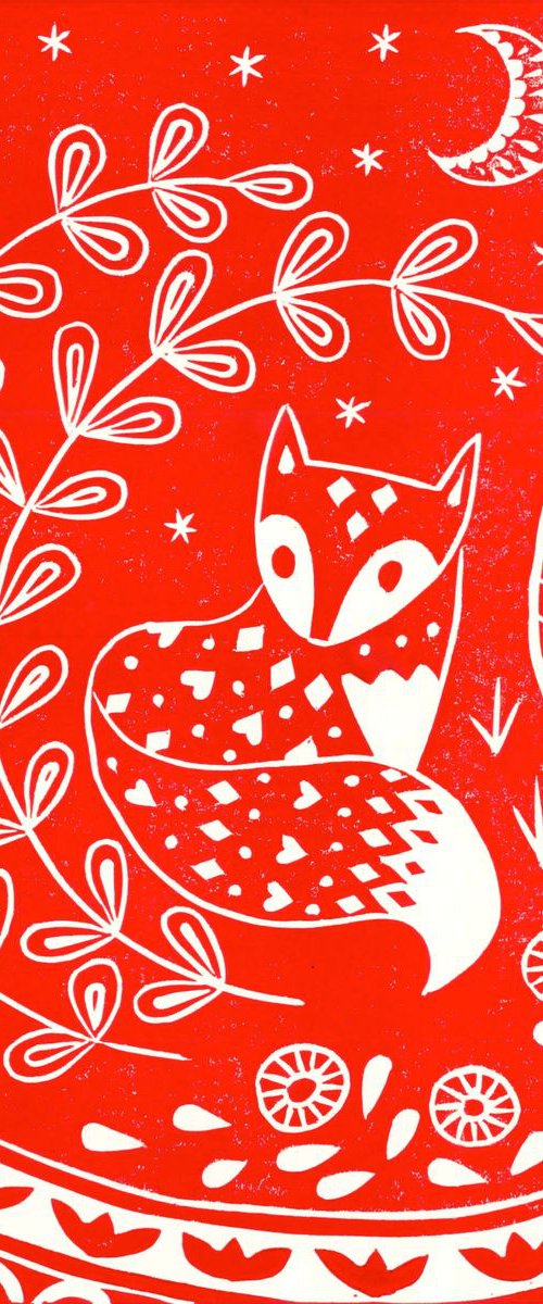 Daniel Fox in red, limited edition scandinavian folk art linocut print by Katie Farrell