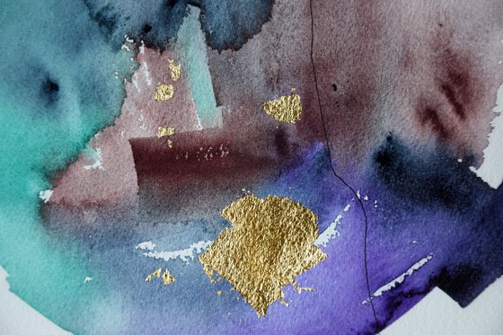 Abstract wall art, golden abstract painting, original vertical watercolor art