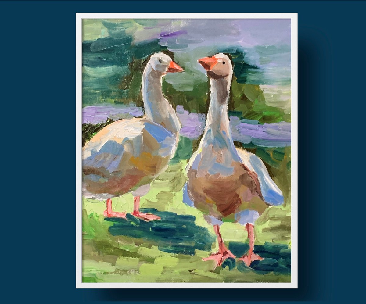 Impressionistic Animal Oil Painting By Vita Schagen, 9 X 12", Geese., Original Artwork