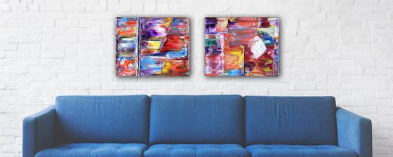 "Getting Our Sh#t Together" - FREE USA SHIPPING + Save As A Series - Original PMS Abstract Diptych Oil Paintings On Canvas - 40" x 16"